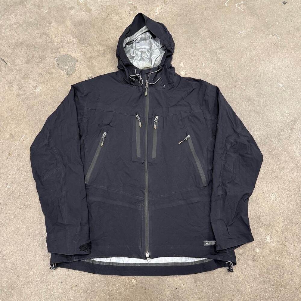REI Full Zip Waterproof Rain Hooded Shell Hiking Outdoor Jacket Black Men's XL